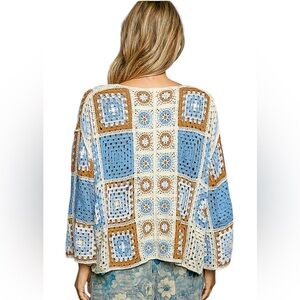 POL 🤩 Blue, Ivory, Brown Crochet Granny Square Open Knit Cardigan